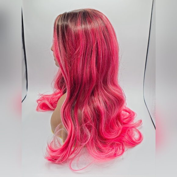 Uniwigs Cranberry Frost Hot Pink & Red Blend with Black Rooted Lace Front Wig - Picture 5 of 10